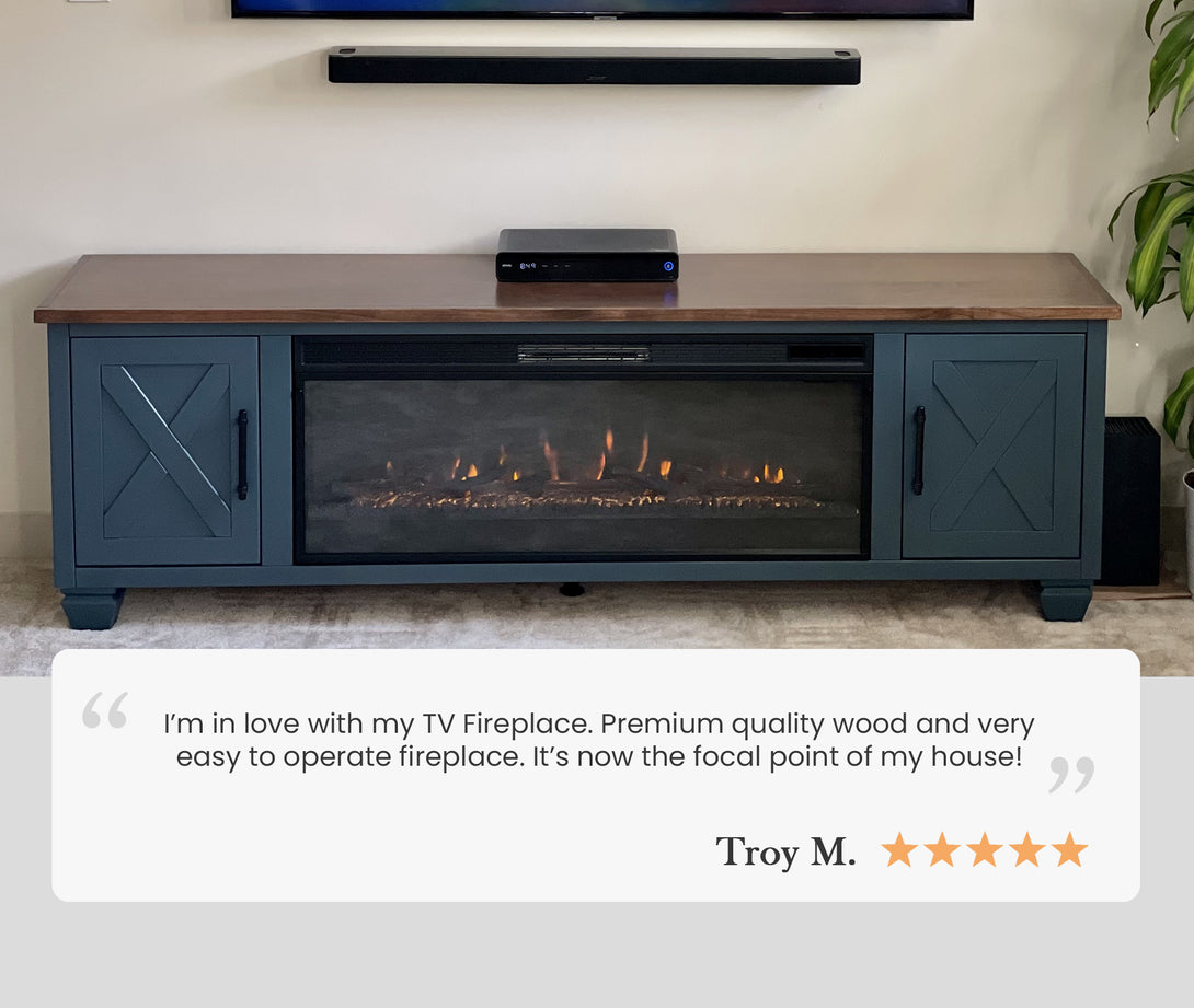 Liberty 78-inch Fireplace TV Stand Denim/Whiskey Brown - Rustic Modern Farmhouse - Front View
