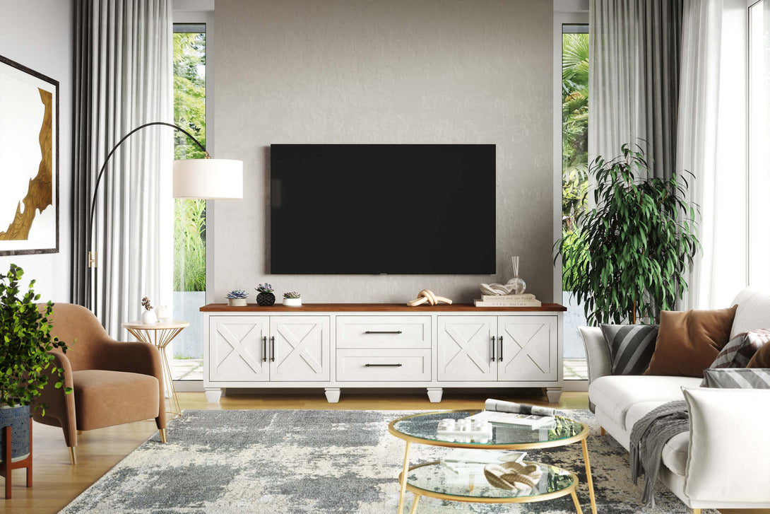 Liberty 95" Wide TV Stand White/Bourbon Brown - Rustic Modern Farmhouse - Front View