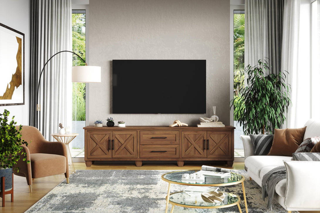 Liberty 95" Wide TV Stand Whiskey Brown - Rustic Modern Farmhouse - Front View