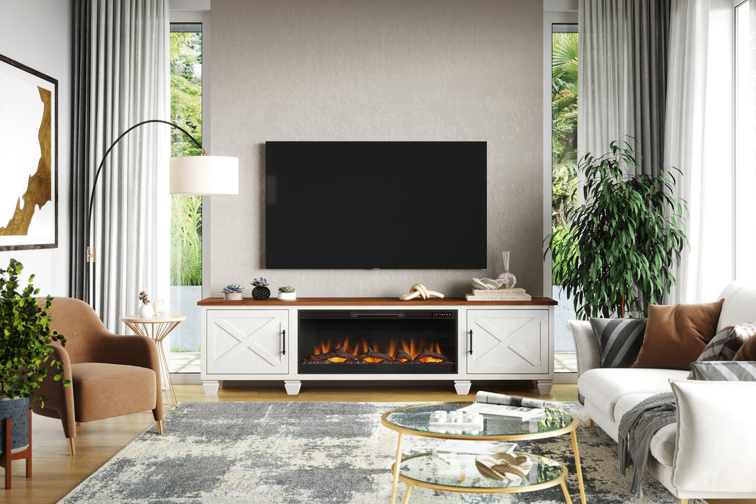 Liberty 95" Wide Fireplace TV Stand White/Bourbon Brown Rustic Modern Farmhouse Front View