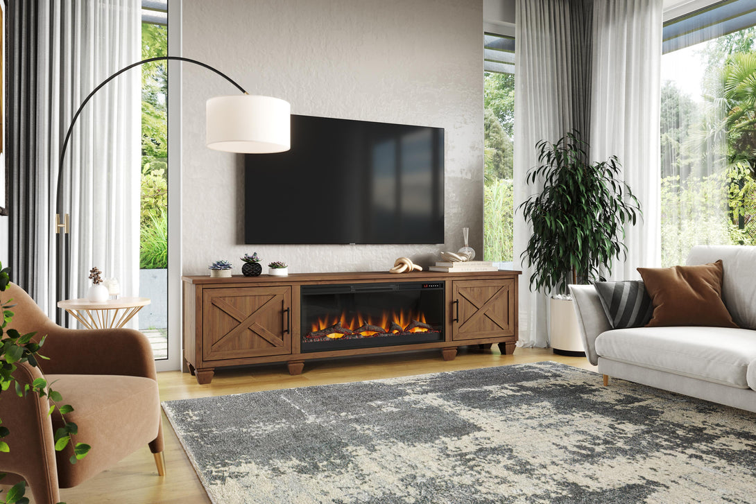 Liberty 95" Large Fireplace TV Stand Whiskey Brown Rustic Modern Farmhouse Life Style