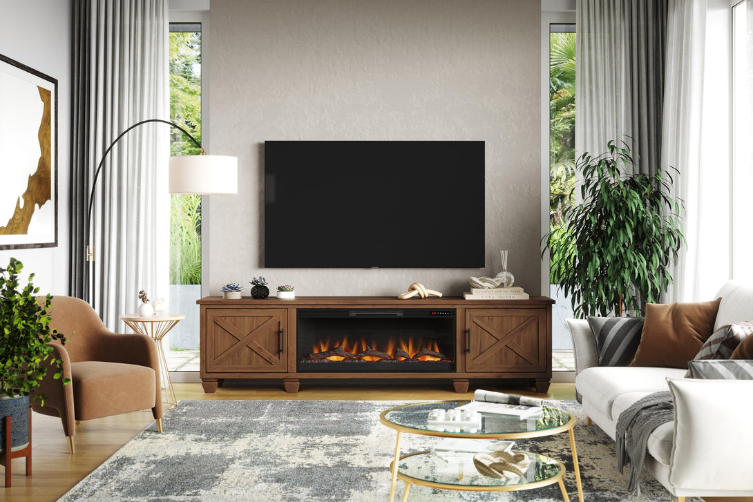 Liberty 95" Wide Fireplace TV Stand Whiskey Brown Rustic Modern Farmhouse Front View