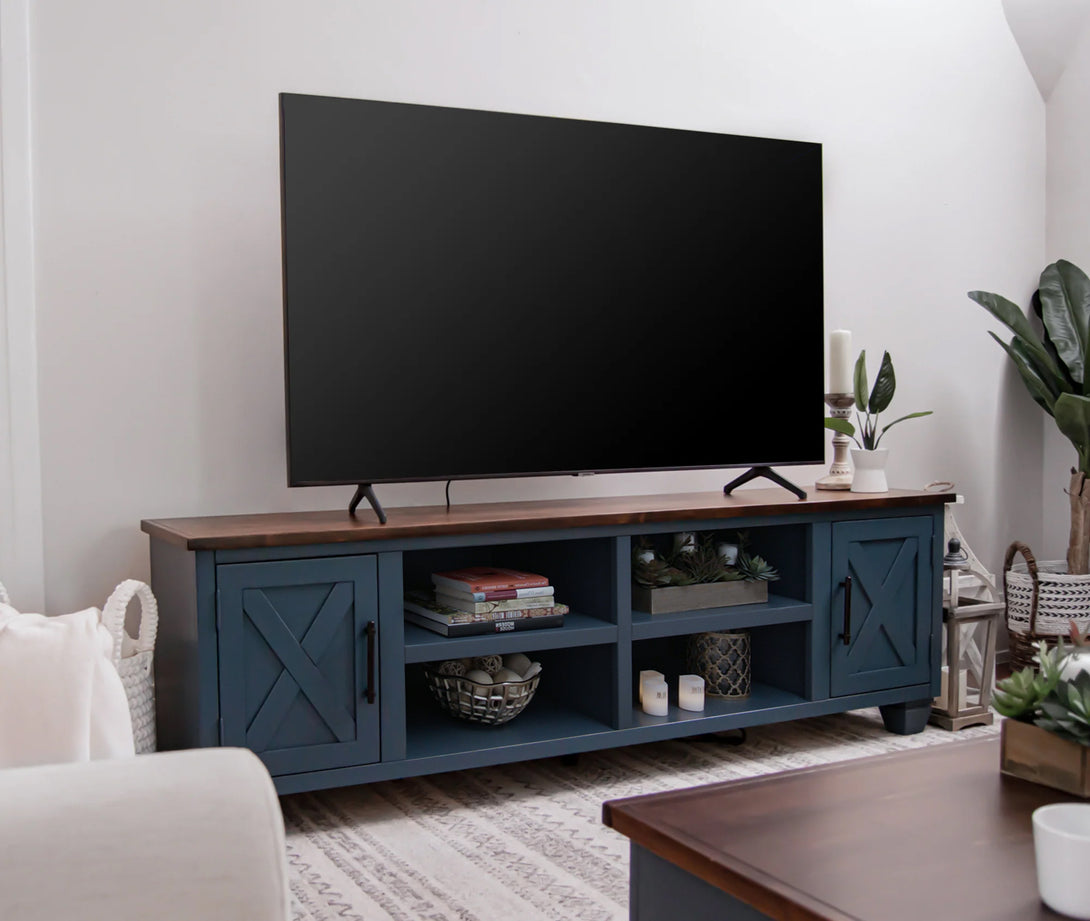 Liberty 78" TV Stands can also fit 75 inch Denim/Whiskey Brown - Rustic Modern Farmhouse