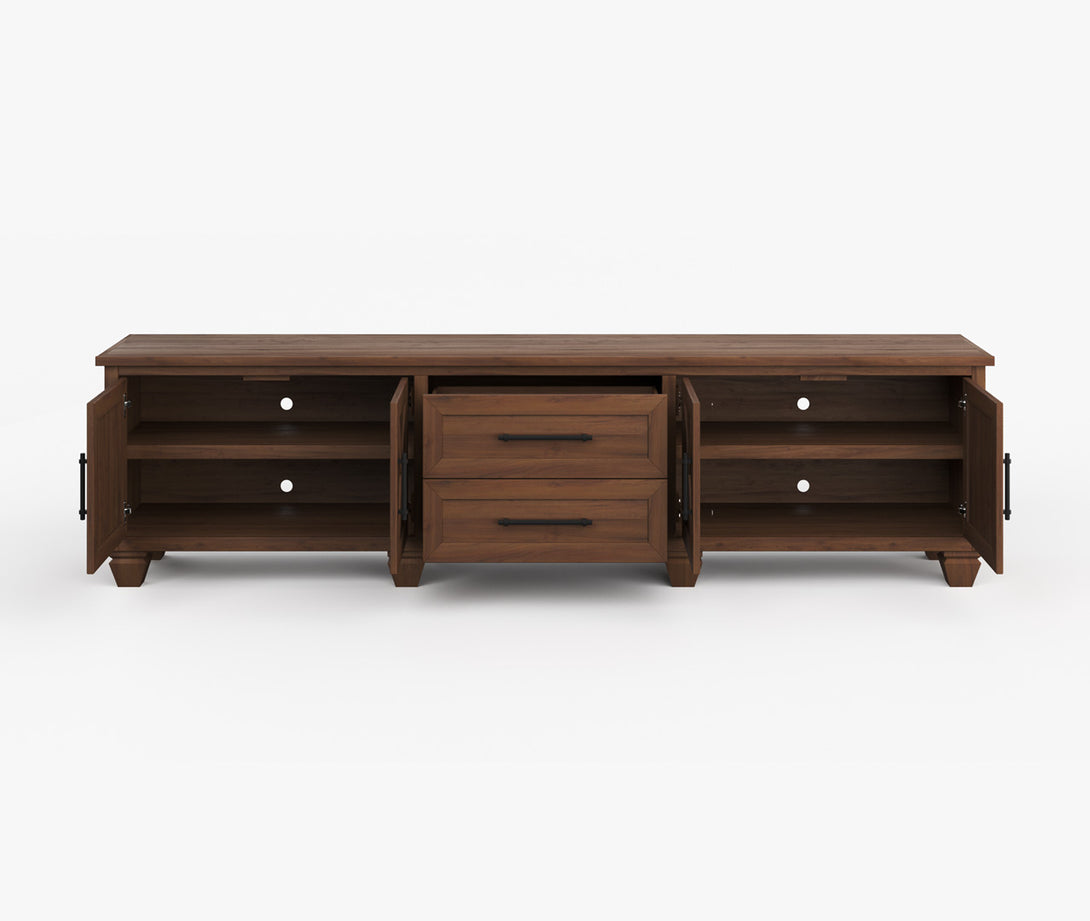 Liberty 95 inch TV Stand for TVs 85" and Above Whiskey Brown - Rustic Modern Farmhouse - Open Side Door View