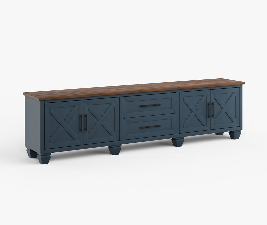 Liberty 95" Large TV Stand Denim/Whiskey Brown - Rustic Modern Farmhouse - Side View