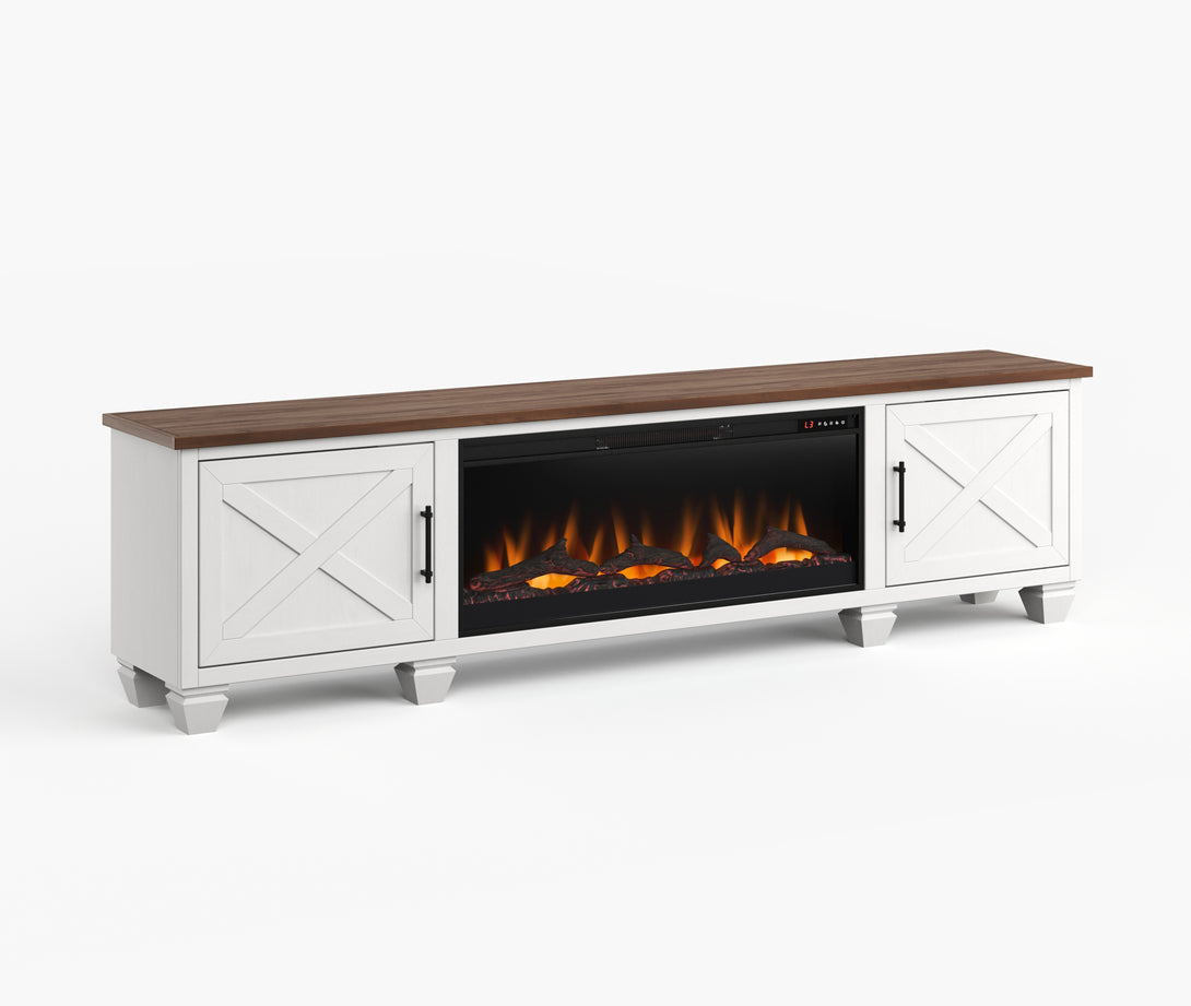 Liberty 95" Large Fireplace TV Stand White/Bourbon Brown Rustic Modern Farmhouse Side View