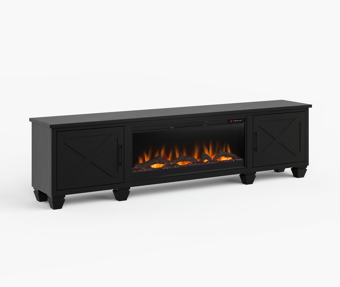 Liberty 95" Large Fireplace TV Stand Charcoal Black Rustic Modern Farmhouse Side View