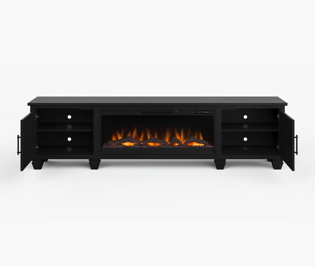 Liberty 95 inch Fireplace TV Stand Charcoal Black Rustic Modern Farmhouse Open Side Door View