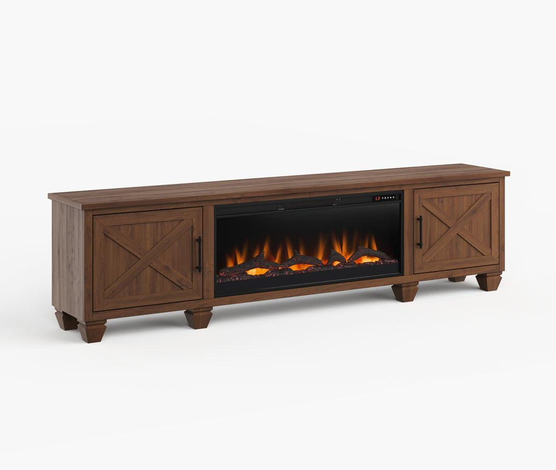 Liberty 95" Large Fireplace TV Stand Whiskey Brown Rustic Modern Farmhouse Side View