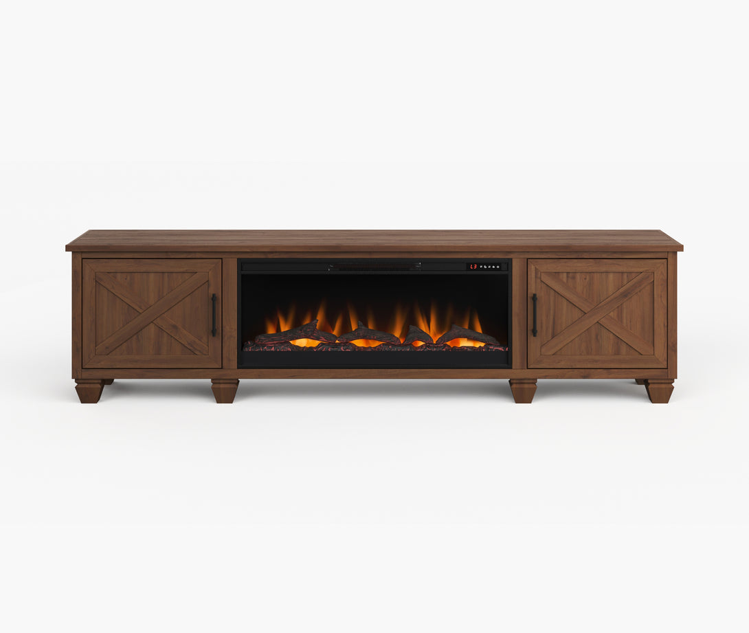 Liberty 95-inch Fireplace TV Stand Whiskey Brown Rustic Modern Farmhouse