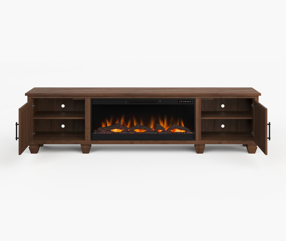 Liberty 95 inch Fireplace TV Stand Whiskey Brown Rustic Modern Farmhouse Open Side Door View
