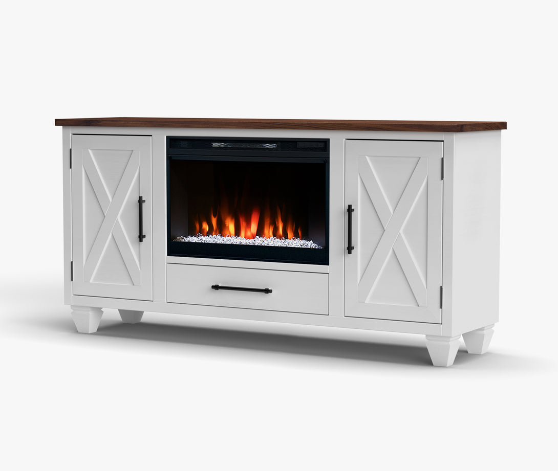Liberty 64" Fireplace TV Stand fits up to 65 inch White/Bourbon Brown Rustic Modern Farmhouse Side View
