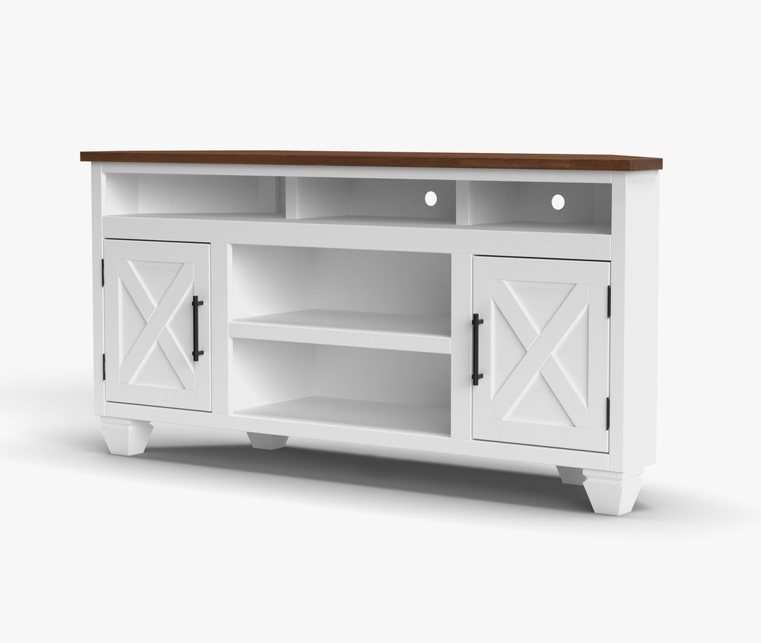 Liberty 64" Corner TV Stands for 55 inch TV White/Bourbon Brown - Rustic Modern Farmhouse Side View
