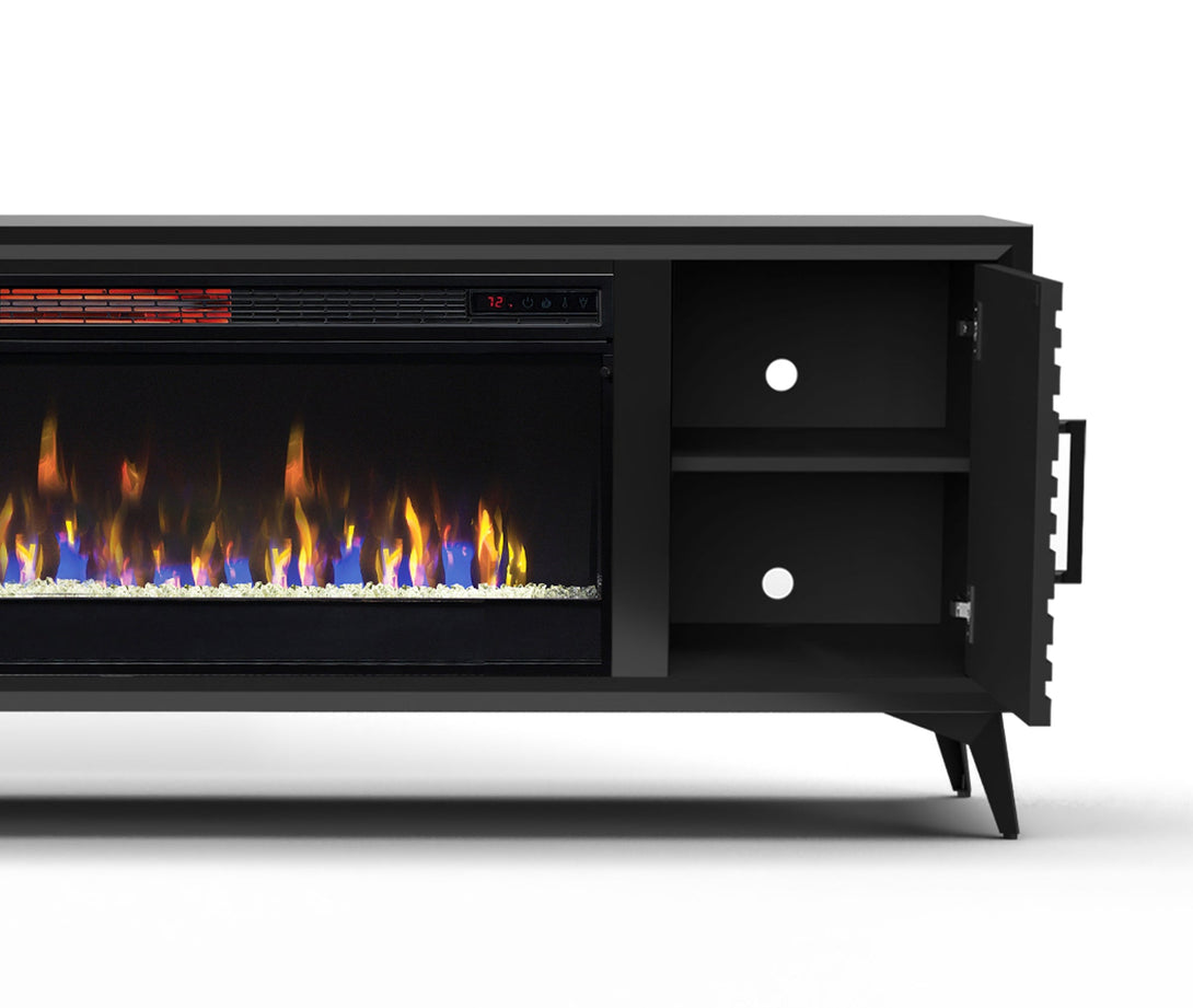 Malibu 78 inch Electric Fireplace TV Stand Charcoal Black - Modern Open Side Door View