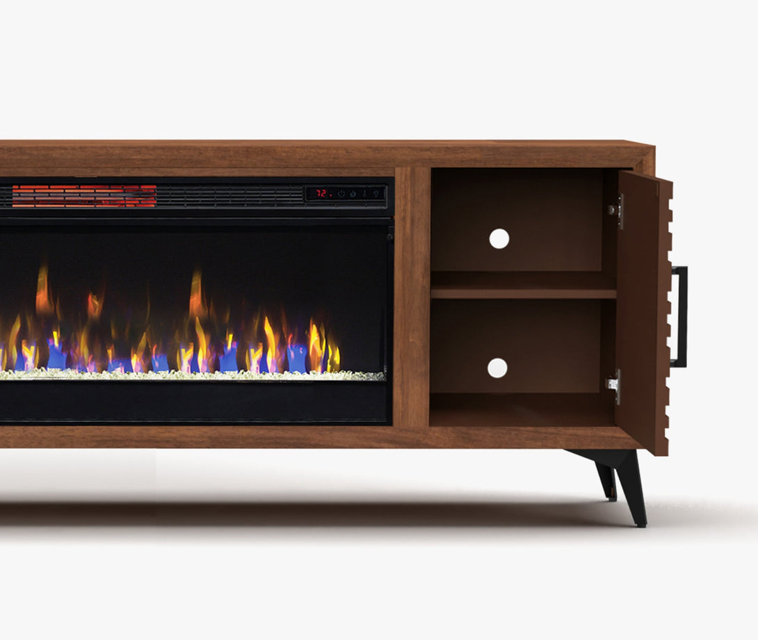 Malibu 78 inch Electric Fireplace TV Stand Bourbon Brown - Modern Open Side Door View