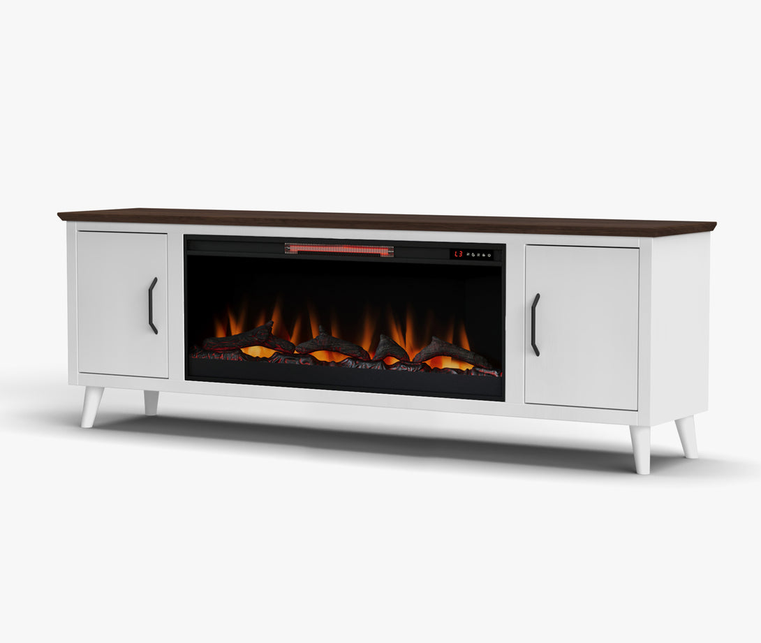 Arcadia 78 inch Electric Fireplace TV Stand White/Walnut Mid Century Modern Side View