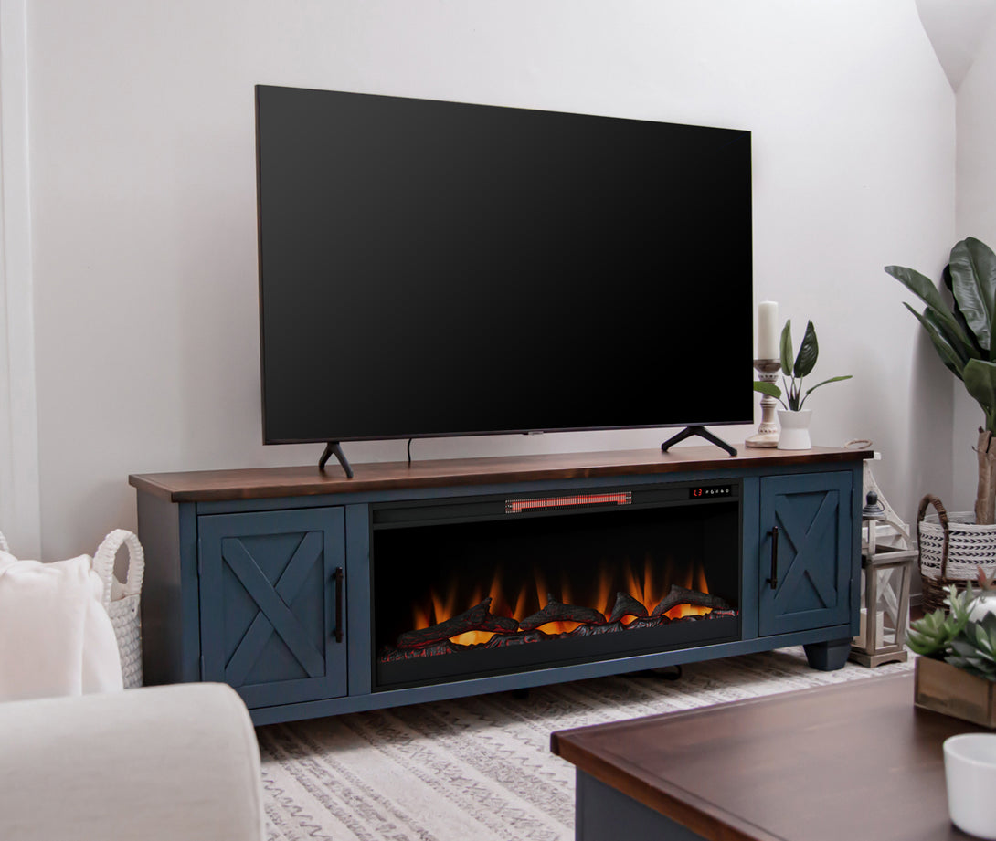 Liberty 78" Fireplace TV Stand can also fit 75 inch Denim/Whiskey Brown Rustic Modern Farmhouse