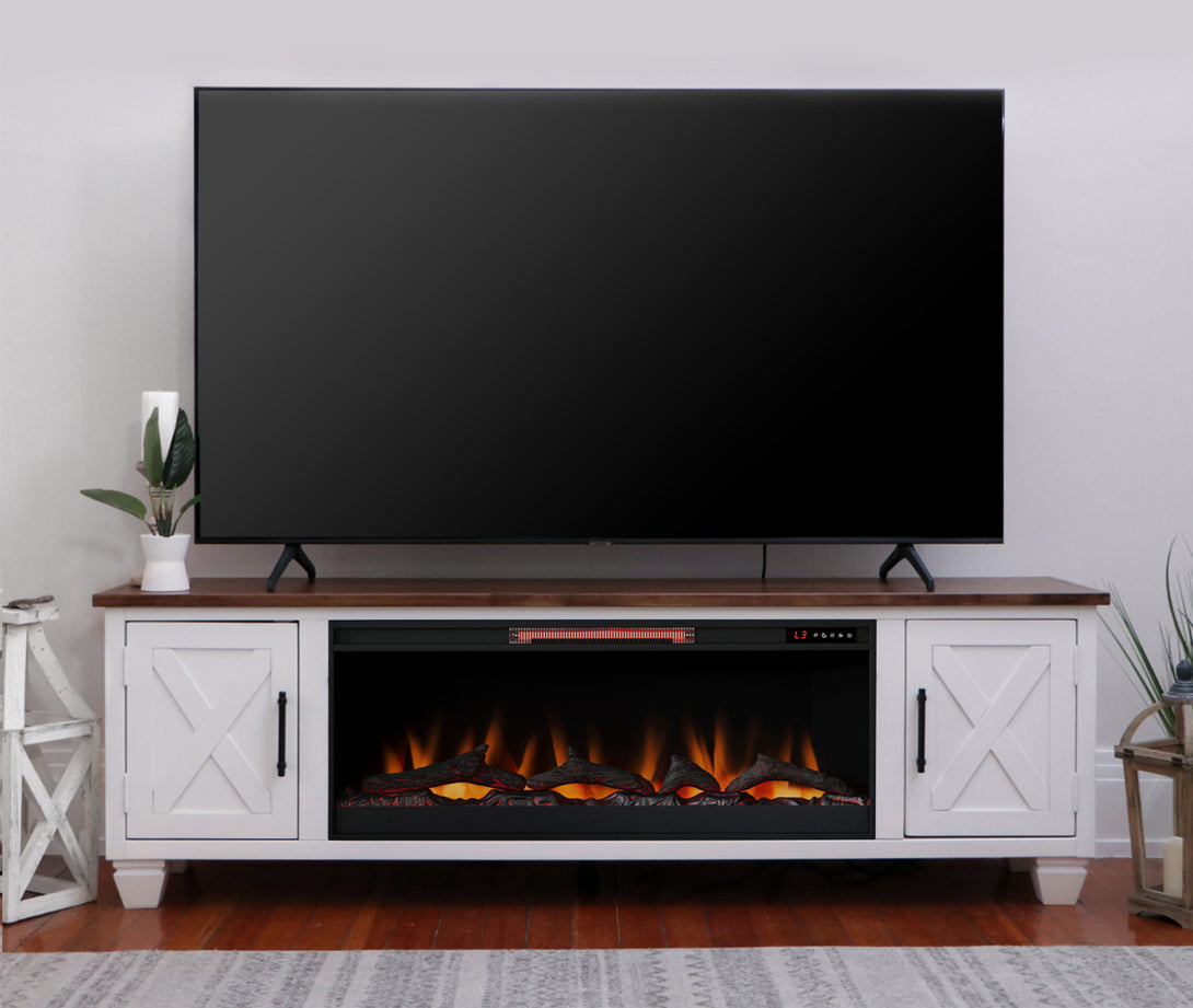 Liberty 78" Fireplace TV Stand can also fit 75 inch White/Bourbon Brown Rustic Modern Farmhouse