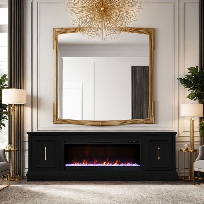 Contemporary 82 inch Jordan fireplace TV stand in moody black features realistic flame and functional storage