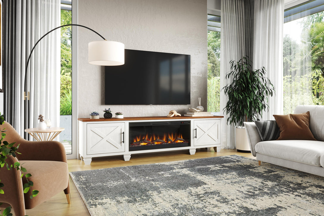 Liberty 95" Large Fireplace TV Stand White/Bourbon Brown - Rustic Modern Farmhouse - Life Style
