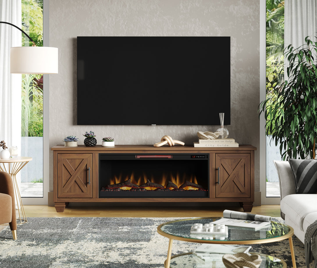 Liberty 78" Fireplace TV Stand can also fit 75 inch Whiskey Brown Rustic Modern Farmhouse