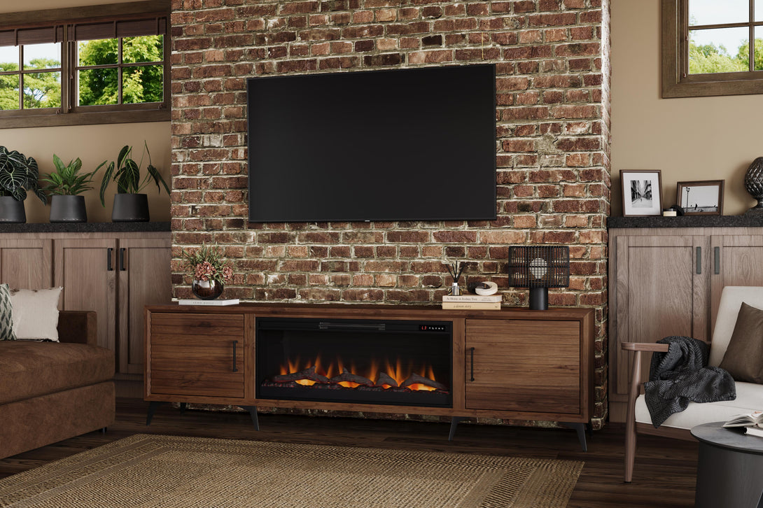 Malibu 95" Large Fireplace TV Stand Bourbon Brown Modern Life Style