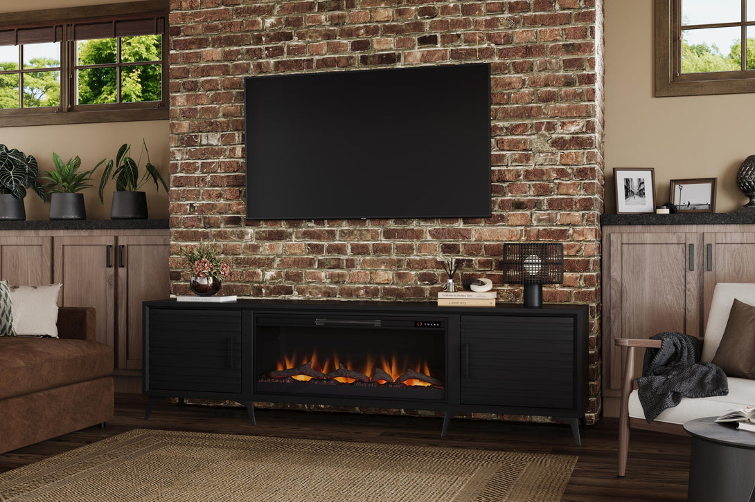 Malibu 95" Large Fireplace TV Stand Charcoal Black Modern Life Style