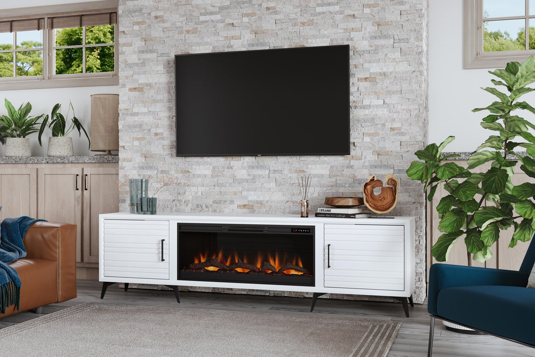 Malibu 95" Large Fireplace TV Stand White Modern Life Style