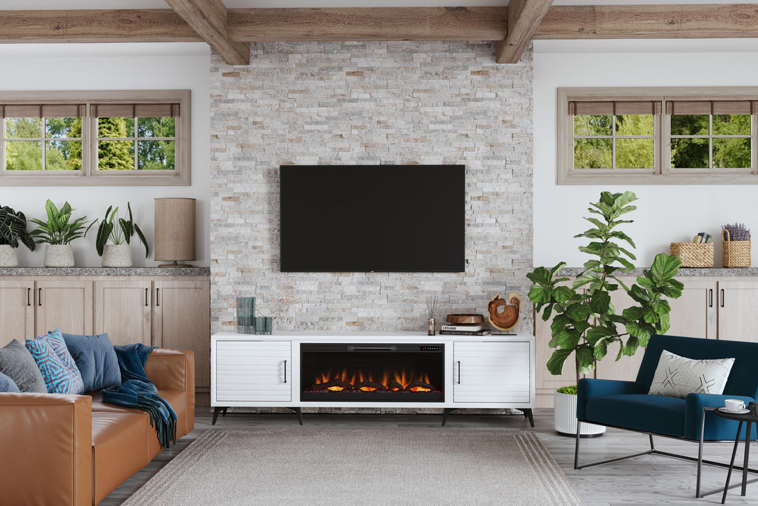 Malibu 95" Wide Fireplace TV Stand White Modern Front View