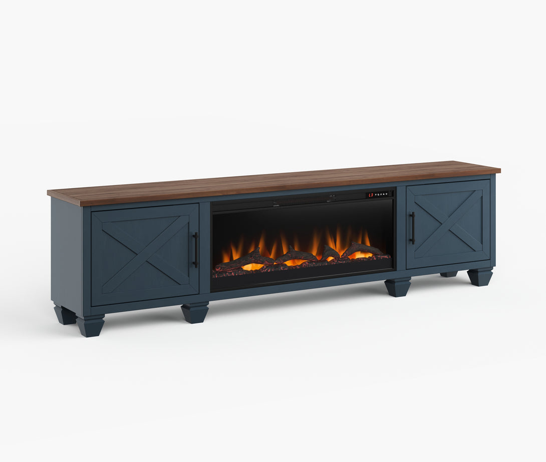 Liberty 95" Large Fireplace TV Stand Denim/Whiskey Brown - Rustic Modern Farmhouse - Side View