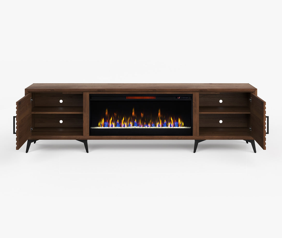 Malibu 95 inch Fireplace TV Stand Bourbon Brown - Modern - Open Side Door View