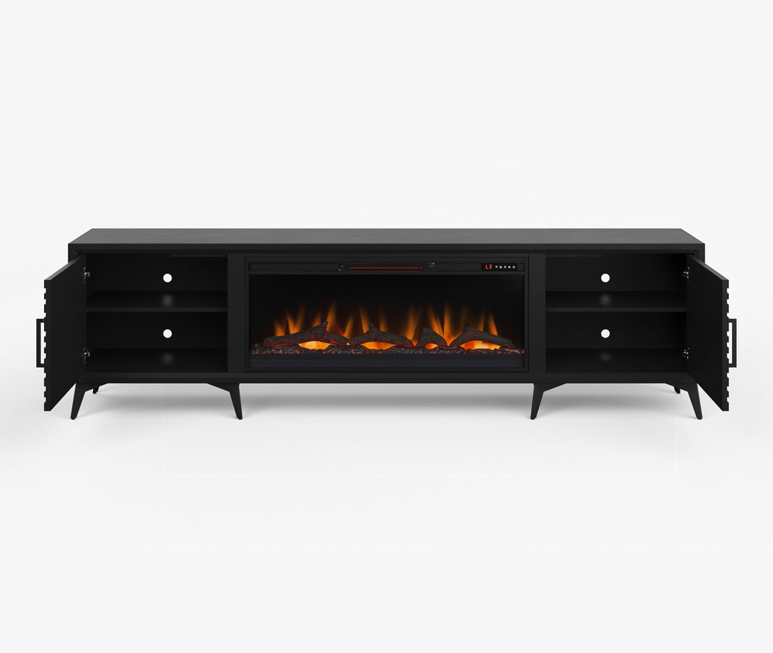 Malibu 95 inch Fireplace TV Stand Charcoal Black Modern Open Side Door View