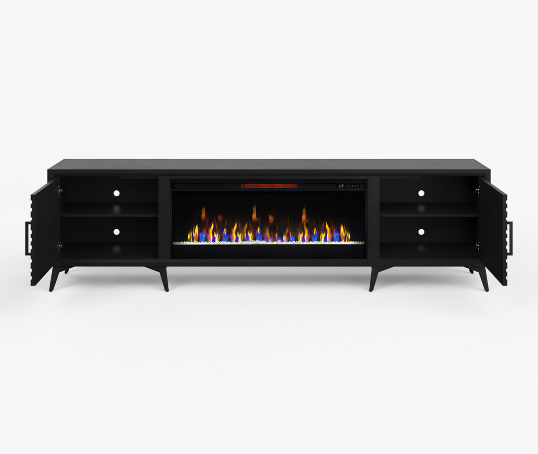 Malibu 95 inch Fireplace TV Stand Charcoal Black - Modern - Open Side Door View