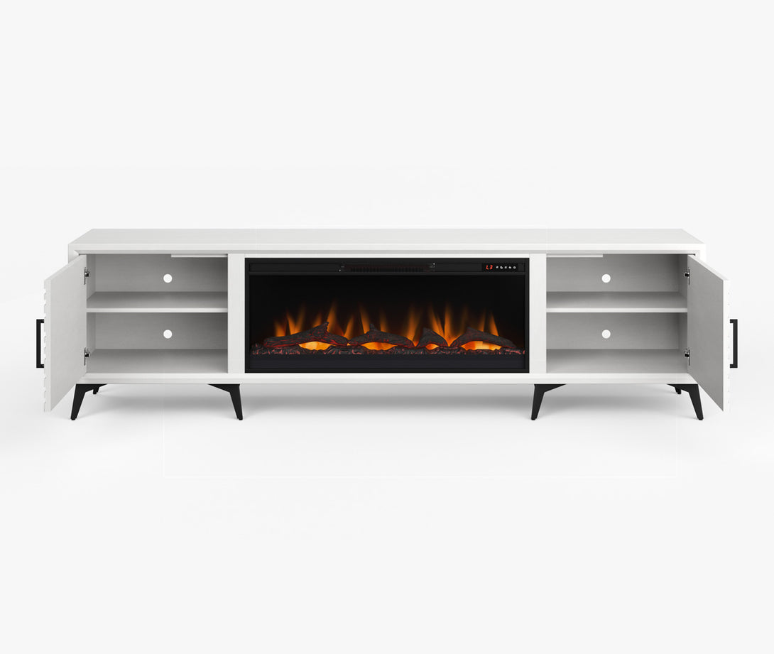 Malibu 95 inch Fireplace TV Stand White Modern Open Side Door View