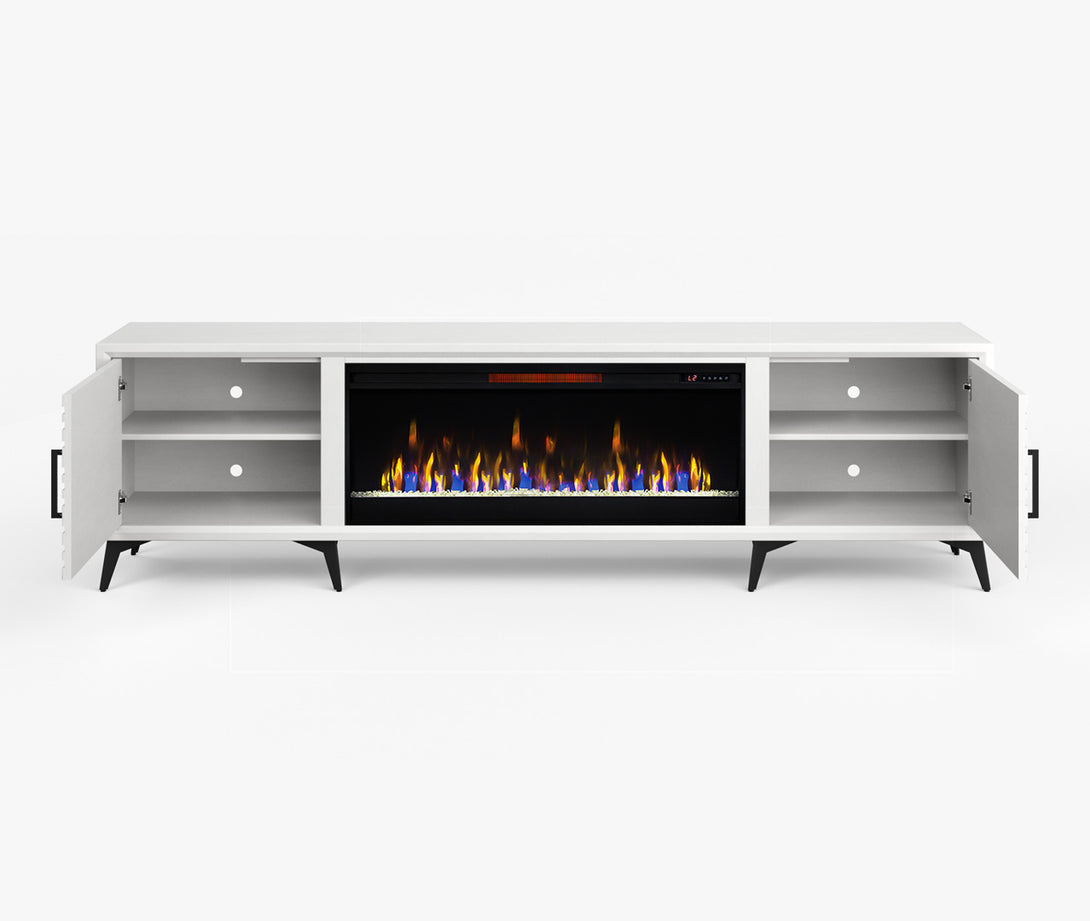 Malibu 95 inch Fireplace TV Stand White - Modern - Open Side Door View