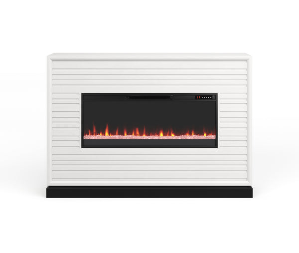 64 inch Malibu modern electric fireplace mantel in white finish creates a clean bright focal point in any living space