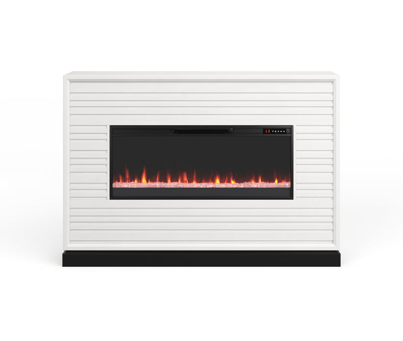 64 inch Malibu modern electric fireplace mantel in white finish creates a clean bright focal point in any living space
