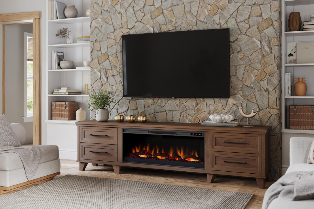 Sonoma 95" Large Fireplace TV Stand Whiskey Brown Modern Traditional Life Style