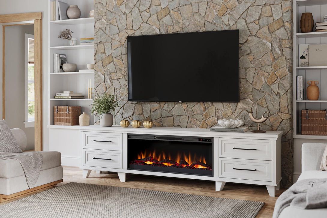 Sonoma 95" Large Fireplace TV Stand White Traditional Modern Life Style