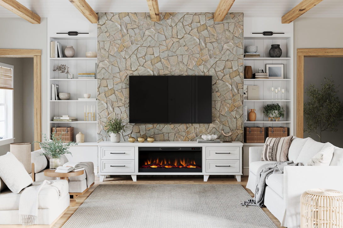 Sonoma 95" Wide Fireplace TV Stand White Traditional Modern Front View