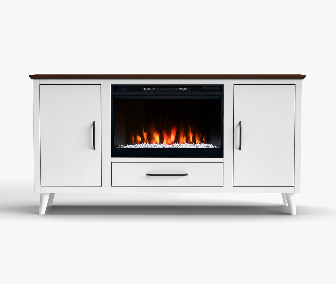 Arcadia 64-inch Fireplace TV Stand White/Walnut Brown Mid Century Modern