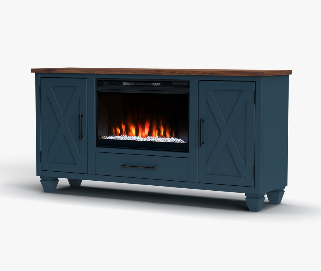 Liberty 64" Fireplace TV Stand fits up to 65 inch Denim/Whiskey Brown - Rustic Modern Farmhouse - Side View