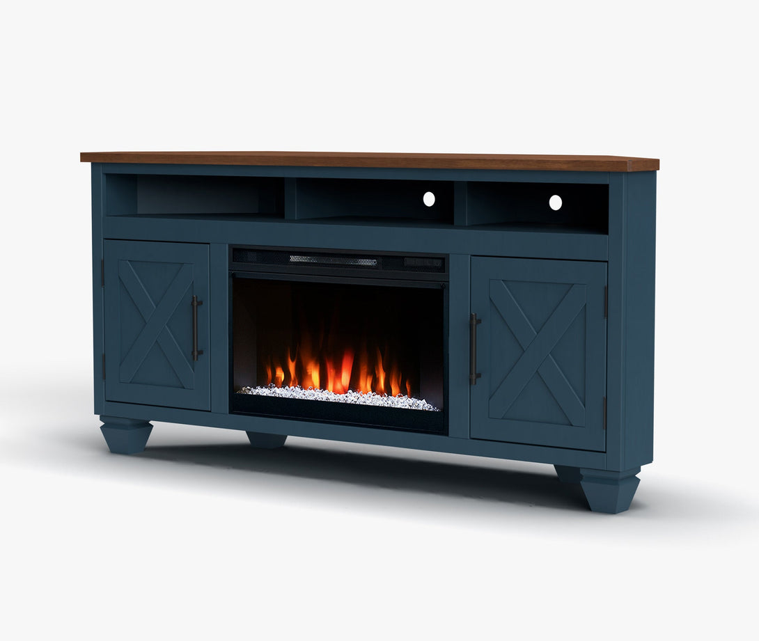 Liberty 64" Electric Fireplace TV Stand Corner Denim/Whiskey Brown Rustic Modern Farmhouse Side View