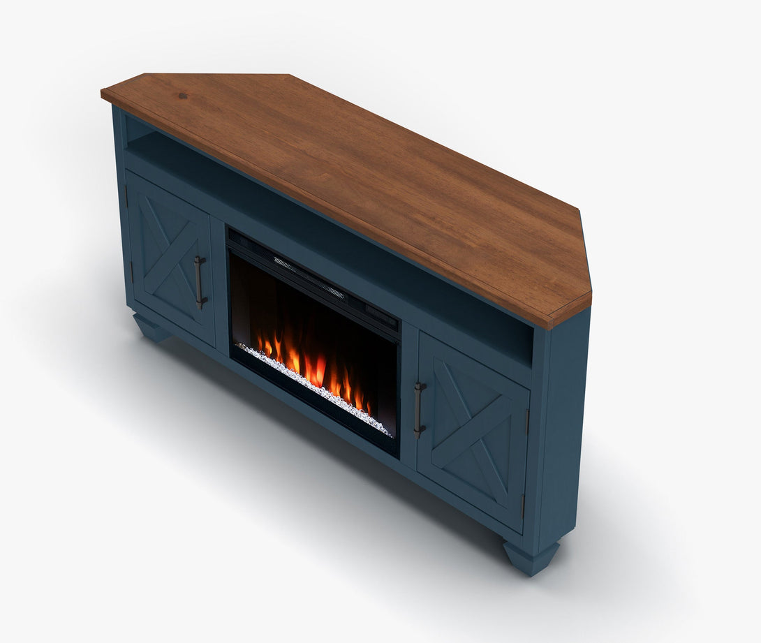 Liberty 64 inch Corner TV Stand Electric Fireplace Denim/Whiskey Brown Rustic Modern Farmhouse Top View
