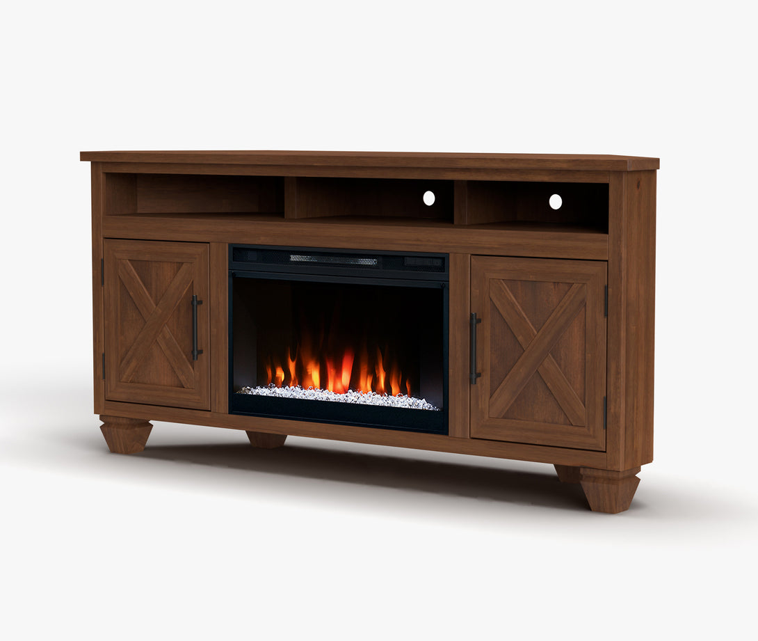 Liberty 64" Electric Fireplace TV Stand Corner Whiskey Brown - Rustic Modern Farmhouse - Side View