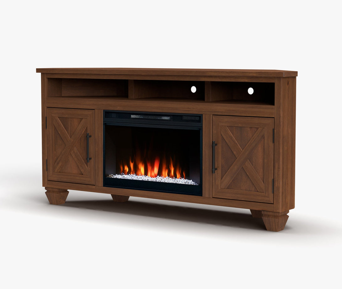 Liberty 64" Electric Fireplace TV Stand Corner Whiskey Brown Rustic Modern Farmhouse Side View