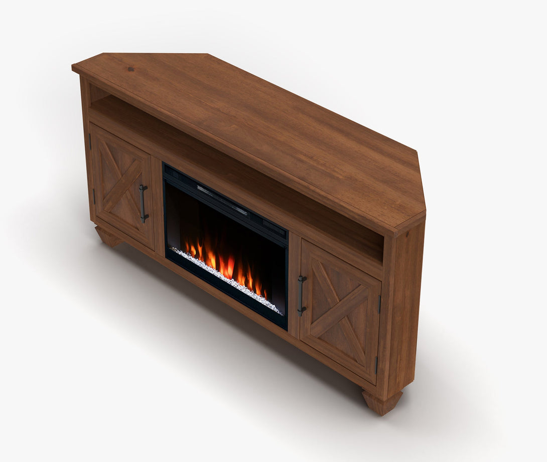 Liberty 64 inch Corner TV Stand Electric Fireplace Whiskey Brown Rustic Modern Farmhouse Top View