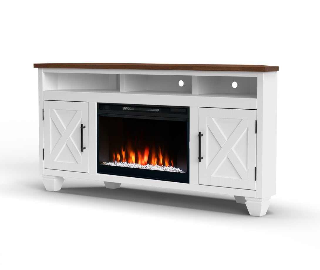 Liberty 64" Electric Fireplace TV Stand Corner White/Bourbon Brown Rustic Modern Farmhouse Side View