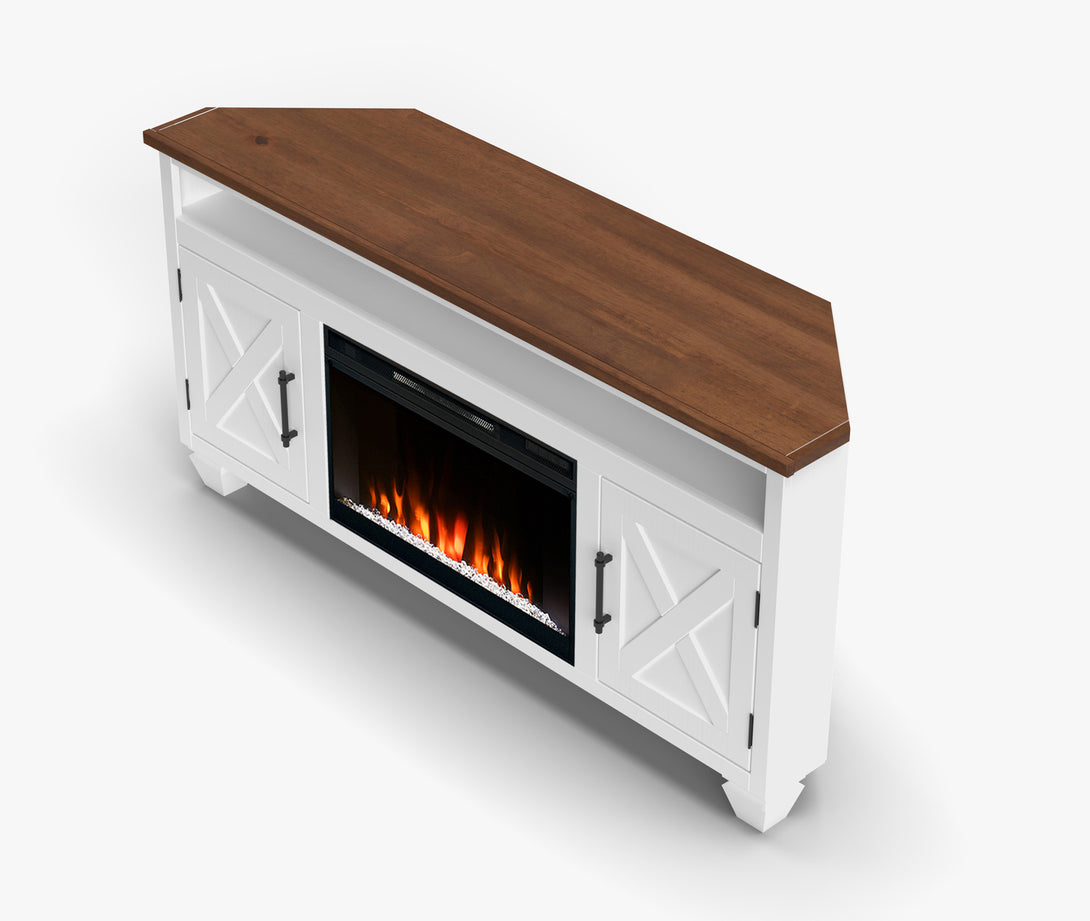 Liberty 64 inch Corner TV Stand Electric Fireplace White/Bourbon Brown Rustic Modern Farmhouse Top View