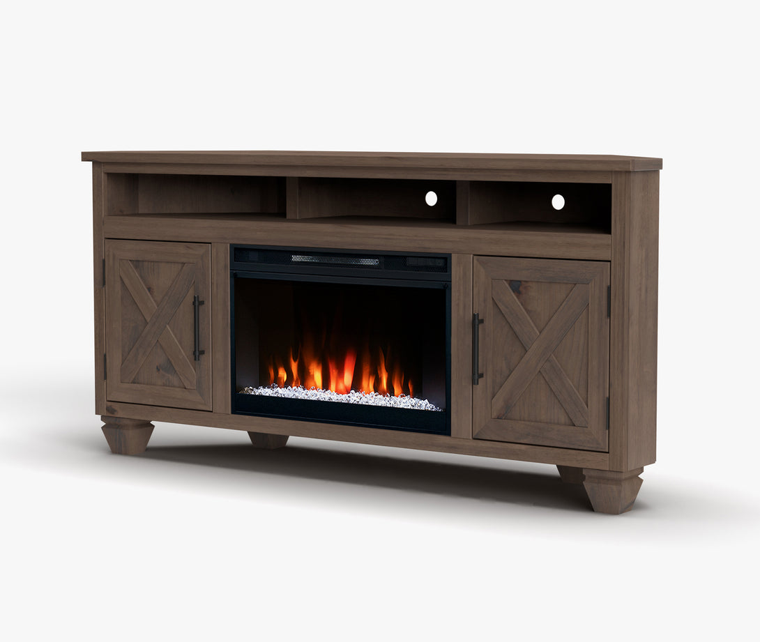 Liberty 64" Electric Fireplace TV Stand Corner Barnwood - Rustic Modern Farmhouse - Side View
